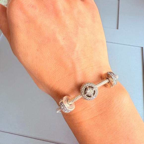 Pandora Sterling Silver 925 ALE Cable Bracelet Allure 2 Pave Clip Charms Retired - Picture 2 of 8